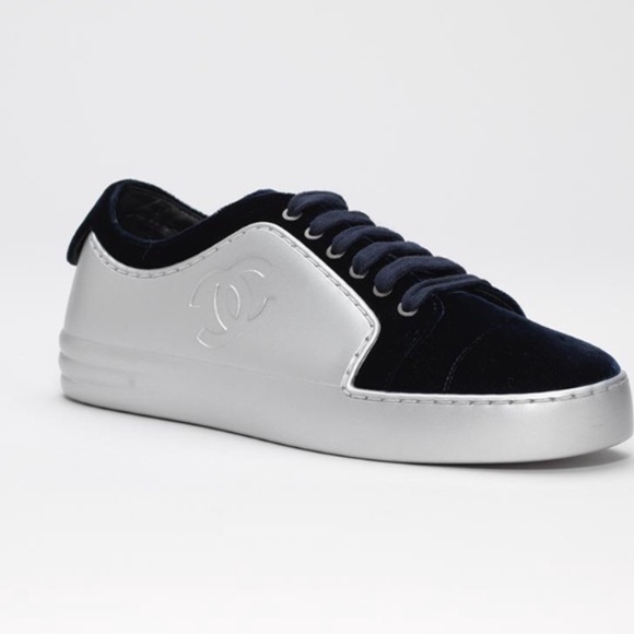 CHANEL Shoes - CHANEL Navy Blue/Silver velvet sneaker❣️